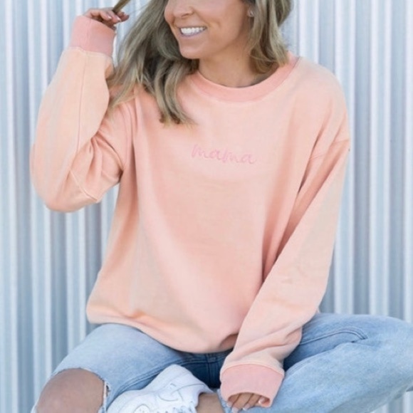 Brooklyn Grace Sweaters - Brooklyn Grace Drop Shoulder "mama" Crewneck Peach Sweater Size Large